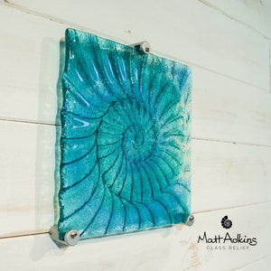 Glass Ammonite 22cm(9&quot;), Turquoise Blue Teal Ammonite Glass Wall Panel with 3 fixings, Wave Sculpture Wall Art Fossil Nautilus Seashell