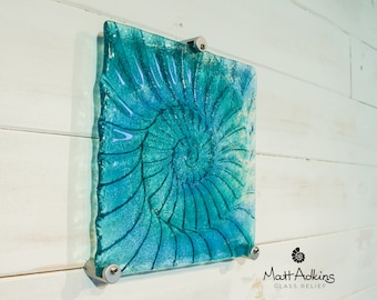 Glass Ammonite 22cm(9"), Turquoise Blue Teal Ammonite Glass Wall Panel with 3 fixings, Wave Sculpture Wall Art Fossil Nautilus Seashell