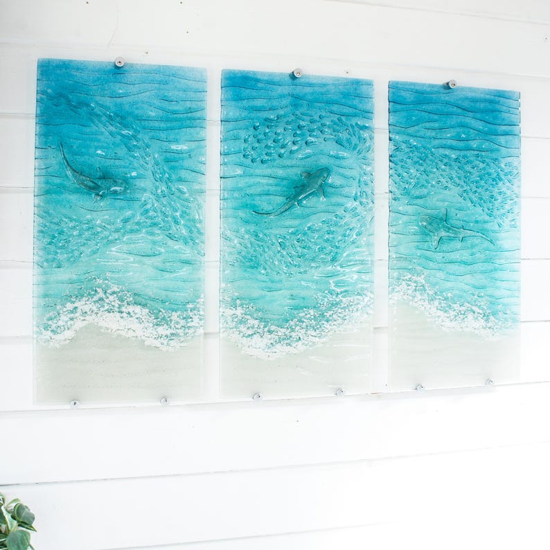 triptych wall art
wall art set
set of 3 prints
extra large wall art
3 piece wall art
teal fused glass
sea glass art
teal wall decor
textured wall art
wall panel sculpture
turquoise aqua art
3d abstract art
shark wall art