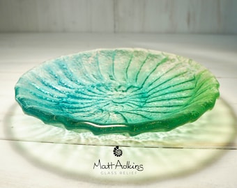 Green Blue Ammonite Fused Glass Bowl 20cm(8") in gift box, Teal Lime Green Turquoise Blue Fossil Nautilus Fused Glass Fruit Key Rest