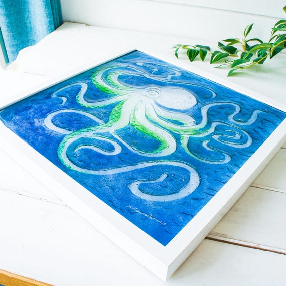 Octopus Large Glass Wall Art Green, fused glass sea animal picture frame 45cm (17"), living room decor, sea glass art, green wall hanging