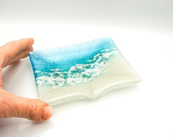 Paradise Aqua Fused Glass Soap Dish 13x10cm (5x4"), glass soap tray, coastal handmade trinket dish, soap holder, house warming gift