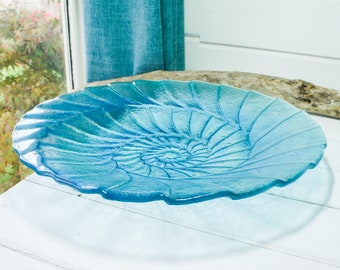 Teal Blue Ammonite Fused Fruit Bowl 44cm(17 1/3"), Large Turquoise Blue Fossil Nautilus Fruit Plate, Beach House Decor, Decorative Bowl