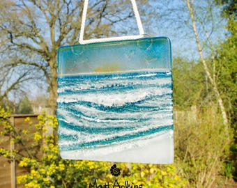 Glass Wave Suncatcher with Sun - handmade hanging glass sculpture as window art with cord - 12cm(5")