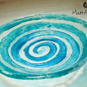 Turquoise Blue Fused Glass Bowl 29cm(11.5&quot;), Turquoise Blue Medium Swirl Fused Glass Fruit Bowl, Table Decor Glass Ornament, Glass Key Rest