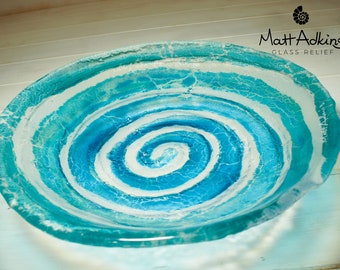 Turquoise Blue Fused Glass Bowl 29cm(12"), Turquoise Blue Medium Swirl Fused Glass Fruit Bowl, Table Decor Glass Ornament, Glass Key Rest