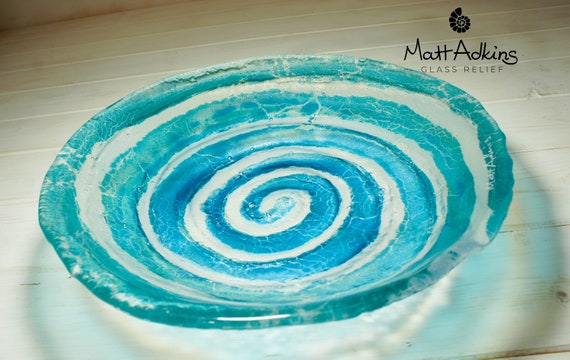 Turquoise Blue Fused Glass Bowl 29cm(11.5"), Turquoise Blue Medium Swirl Fused Glass Fruit Bowl, Table Decor Glass Ornament, Glass Key Rest