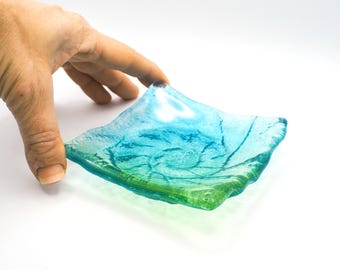 Ammonite Teal Green Glass Jewelry Trinket Dish 10cm - handcrafted by fused glass artist Matt Adkins in Dorset, UK