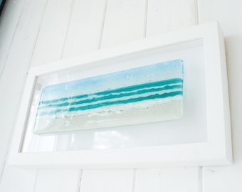 Landscape Beach Fused Glass Frame 34x18cm(13x7"), Teal Seaside Glass Framed Picture, Fused Glass Wall Art, Sea Glass Coastal Decor