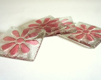 4 Cherry Daisy Coasters, 4 Pink Flower Daisy Glass Coasters, pink fused glass coasters, pink daisy coasters, flower coasters