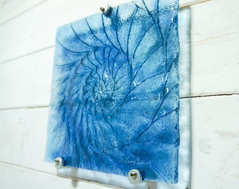 Glass Ammonite 22x22cm(9x9"), Dark Blue Ammonite Glass Wall Panel with 3 fixings, Shell Sculpture Wall Art, Fossil Nautilus Glass Art