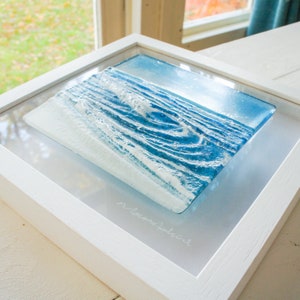 Rolling Wave in a Box Fused Glass Framed Art 25x25cm(10&quot;) D2, glass wall art ocean, modern glass art, Glass Wave Wall Sculpture, home decor