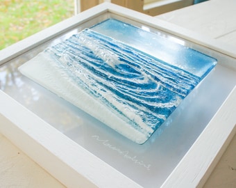 Rolling Wave in a Box Fused Glass Framed Art 25x25cm(10") D2, glass wall art ocean, modern glass art, Glass Wave Wall Sculpture