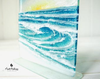Rolling Wave Sun 15cm(6"), Turquoise Blue Teal Wave Suncatcher, Fused Glass Art, Surfing Wave, Ocean Glass Wave, Coastal  Scene 15cm D2 Sun
