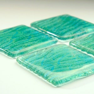 4 Turquoise Seabed Coasters, Set of 4 Coasters, 4 Fused Glass Seabed Coasters 10cmx10cm4x4inches, green glass coasters, coastal coasters image 1
