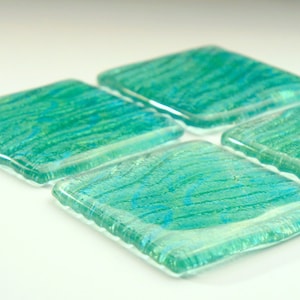 4 Turquoise Seabed Fused Glass Coasters, Set of 4 Coasters, green glass coasters, seaside gifts, sage green decor, sea glass art, image 1
