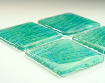 4 Turquoise Seabed Coasters, Set of 4 Coasters, 4 Fused Glass Seabed Coasters 10cmx10cm(4x4inches), green glass coasters, coastal coasters