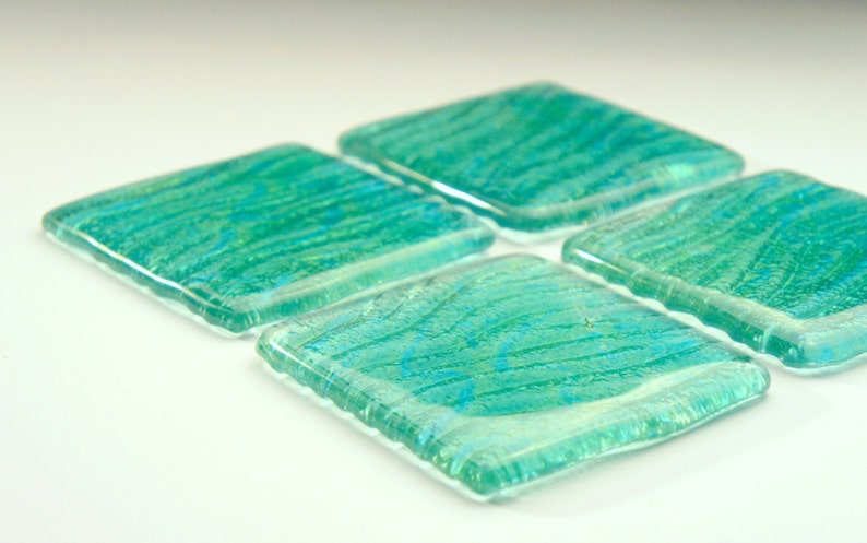 4 Turquoise Seabed Fused Glass Coasters, Set of 4 Coasters, green glass coasters, seaside gifts, sage green decor, sea glass art, image 1