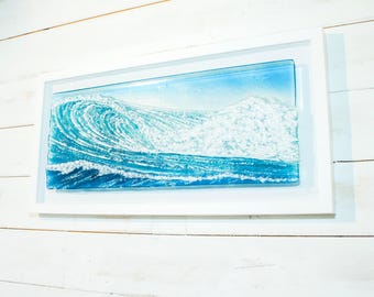 Surfer's Wave Fused Glass Framed Wall Art - Textured Blue Seaside Sculpture (60x30cm) handmade by Matt Adkins in Dorset, UK