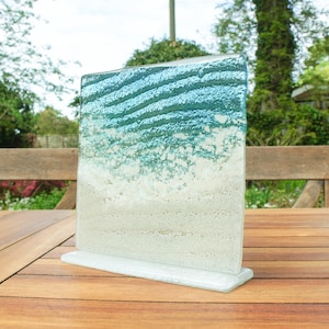 Paradise Glass Stand 15cm (6&quot;), Sea Glass Art, Fused Glass Art, fused glass ocean, Ocean Sea Glass Suncatcher, teal home decor