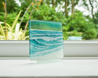 Glass Wave Stand 12cm/5", Fused Glass Ocean Wave, Window Suncatcher Sea Glass Art, Sea Glass Art, Coastal Art Model 1 D2 on 1 foot