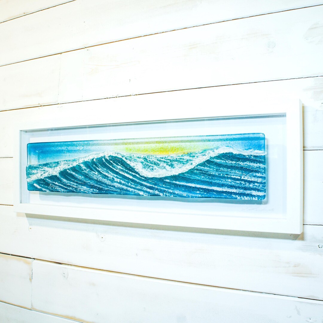 Panoramic Turquoise Wave Scene Fused Glass Frame 60x20cm(23 1/2x8