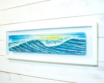 Panoramic Turquoise Wave Scene Fused Glass Frame 60x20cm(23 1/2x8