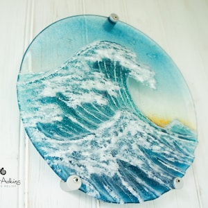 Round Crashing Wave Sunset Fused Glass 29cm (11.5&quot;), Teal Blue Glass Ocean Wall Art, Rolling Wave Glass Sculpture, Breaking Wave Glass Art