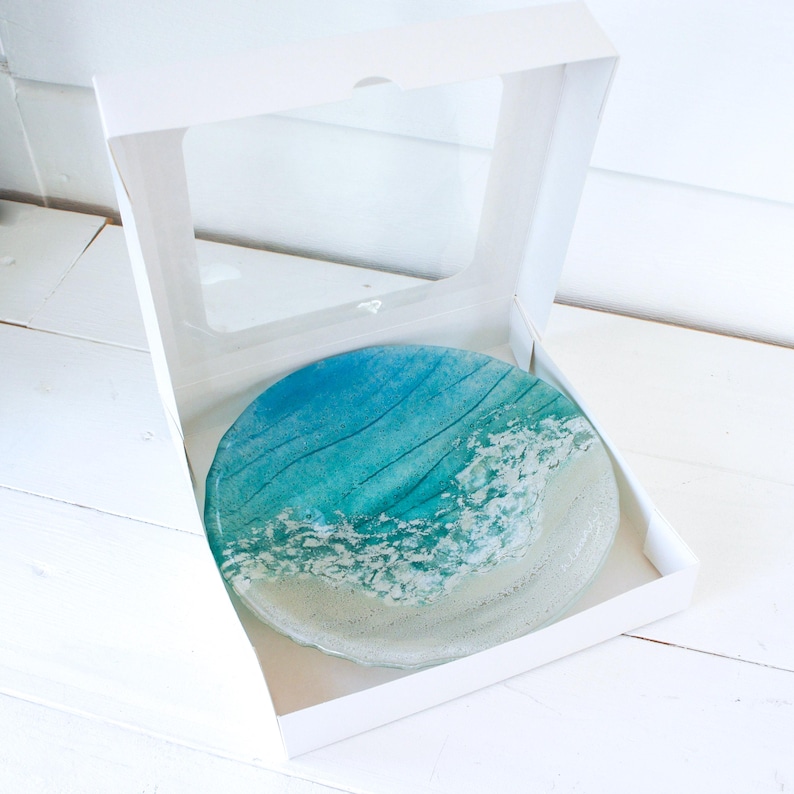 paradise beach fused glass decorative bowl 20cm / 8" in whote window gift box