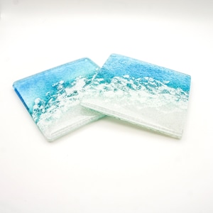 2 Beach Fused Glass Coasters, Set of 2 Coasters 10cm(4"), paradise sea glass coasters, coaster set, seaside gifts, teal turquoise glass