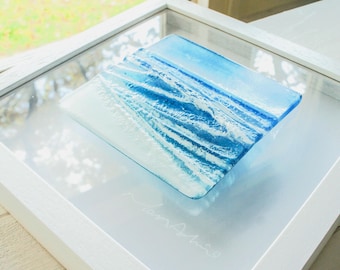 Fused Glass Wave Wall Art in a square white frame, wave in a box D1 - handmade textured glass art by artist Matt Adkins - 25x25cm(10")