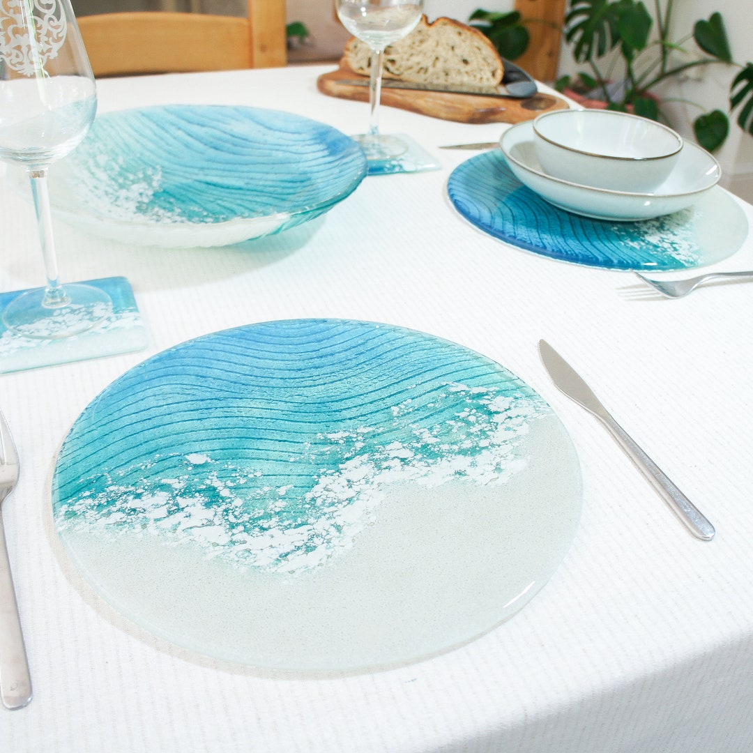 Set of 2 Coastal Round Glass Placemats & Coasters Heatproof, Beach ...