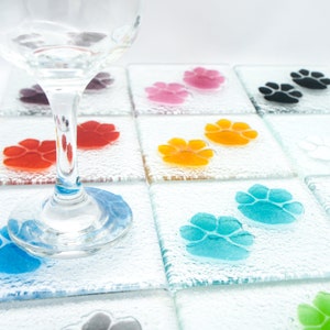 Set of 4 Dog Cat Fused Glass Coasters, custom coaster, furry paw, animal lover gift, coaster set, sea glass, pet gift, desk decor, gift set