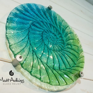 Round Ammonite Wall Art 29cm(11 1/2"), Blue Green  Circle Ammonite Fused Glass Sculpture Wall Abstract Art, Fossil Nautilus Bathroom Decor