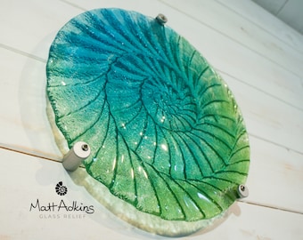 Round Ammonite Wall Art 29cm(11 1/2"), Blue Green  Circle Ammonite Fused Glass Sculpture Wall Abstract Art, Fossil Nautilus Bathroom Decor
