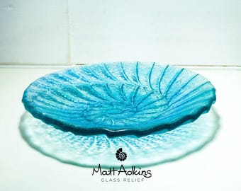 Cuenco de vidrio fundido de amonita azul de 20 cm (8") en caja de regalo, frutero de vidrio fósil Nautilus azul turquesa, regalos costeros, cuenco decorativo