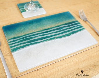 Beach Placemat 30x20cm(11 3/4x8 1/4") | Turquoise Beach Fused Glass Seaside Table Pad | Beach House Glass Tableware | Beach Table Mat