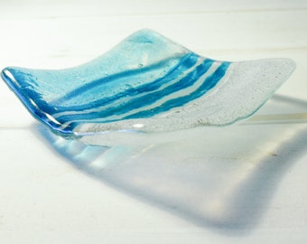 Blue Beach Glass Ring Dish, Ring Dish, handcrafter dish, trinket dish, key bowl, beach decor, bedside sea bathroom decor, sea glass dish