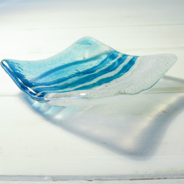 Blue Beach Glass Ring Dish, Ring Dish, handcrafter dish, trinket dish, key bowl, beach decor, bedside sea bathroom decor, sea glass dish