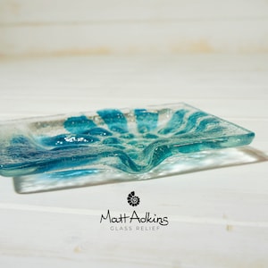 Ammonite Fused Glass Soap Dish 13x10cm (5x4"), aqua blue bathroom decor, trinket dish, sea glass soap tray, nautilus, soap dish holder