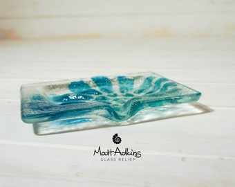 Ammonite Fused Glass Soap Dish 13x10cm (5x4"), aqua blue bathroom decor, turquoise soap tray, soap dispenser, sea glass, trinket tray