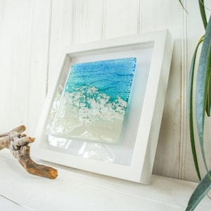 Paradise Frame 25x25cm(10&quot;), Blue Turquoise Seaside Glass Framed Picture seabed, Sea Glass Art, Fused Glass Wall Art, Coastal Wall Decor