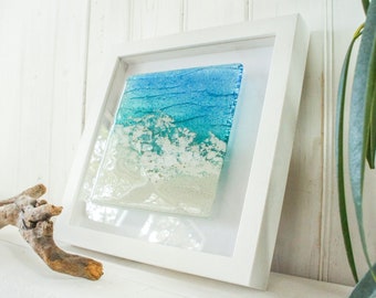 Paradise Frame 25x25cm(10"), Blue Turquoise Seaside Glass Framed Picture seabed, Sea Glass Art, Fused Glass Wall Art, Coastal Wall Decor