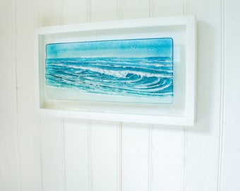 Landscape Fused Glass Turquoise Wave Frame at 45cmx25cm(18x10") - textured picture frame handmade by glass artist Matt Adkins in Dorset, UK