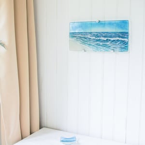 Wave Fused Glass Wall Art 40cmx20cm(15&quot; 3/4 x 7&quot; 7/8), Seaside Coastal Scene, Glass Ocean Landscape Wall Art, Glass Breaking Wave, Sea Glass