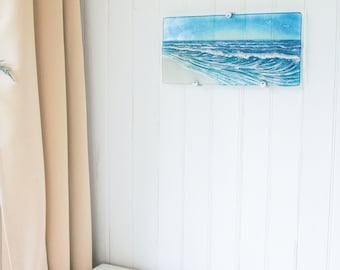 Wave Fused Glass Wall Art 40cmx20cm(15&quot; 3/4 x 7&quot; 7/8), Seaside Coastal Scene, Glass Ocean Landscape Wall Art, Glass Breaking Wave, Sea Glass
