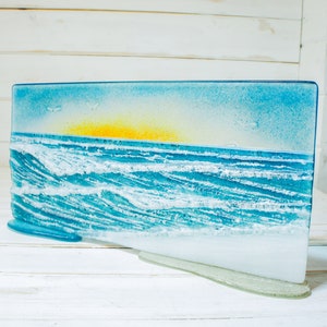 Wave Glass Art Suncatcher 40x20cm(16x8&quot;), Fused Glass Ocean, Wave Panel D2, Fused Glass Sea Art, Wave Suncatcher, Sea Glass Sculpture