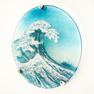 Round Crashing Wave 29cm (11.5&quot;), Turquoise Blue Circle Wave Glass Wall Art, Fused Glass Rolling Wave Wall Art, Surfer&#39;s Wave Sculpture