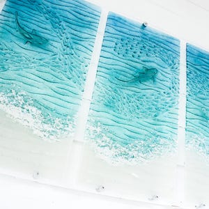 shark silver paradise triptych 3 piece wall art fused glass
wall art set
set of 3 prints
extra large wall art
3 piece wall art
teal fused glass
sea glass art
teal wall decor
textured wall art
wall panel sculpture
turquoise aqua art
3d abstract art
shark wall art