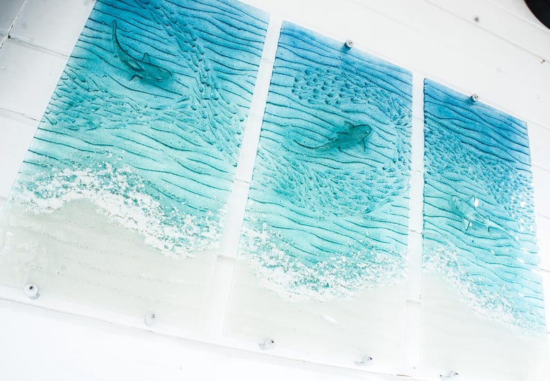 shark silver paradise triptych 3 piece wall art fused glass
wall art set
set of 3 prints
extra large wall art
3 piece wall art
teal fused glass
sea glass art
teal wall decor
textured wall art
wall panel sculpture
turquoise aqua art
3d abstract art
shark wall art